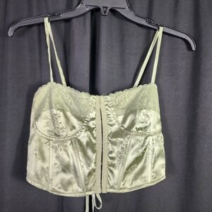 Sage Green Floral Satin Corset Crop Top Lace Trim Xs fairycore Victorian bustier